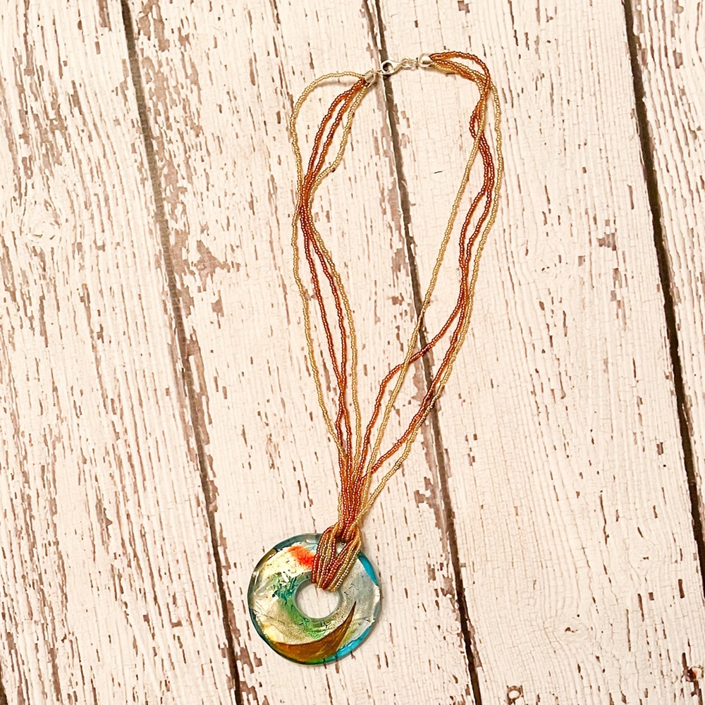 Beaded boho hippie gold color multi strand beads with pendant costume jewelry - Picture 2 of 4